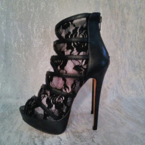 PAPER FOX 6.5 BLACK SHEER LACE & SOLID ANKLE BOOTIE PLATFORM HEELS holiday party - Picture 9 of 13
